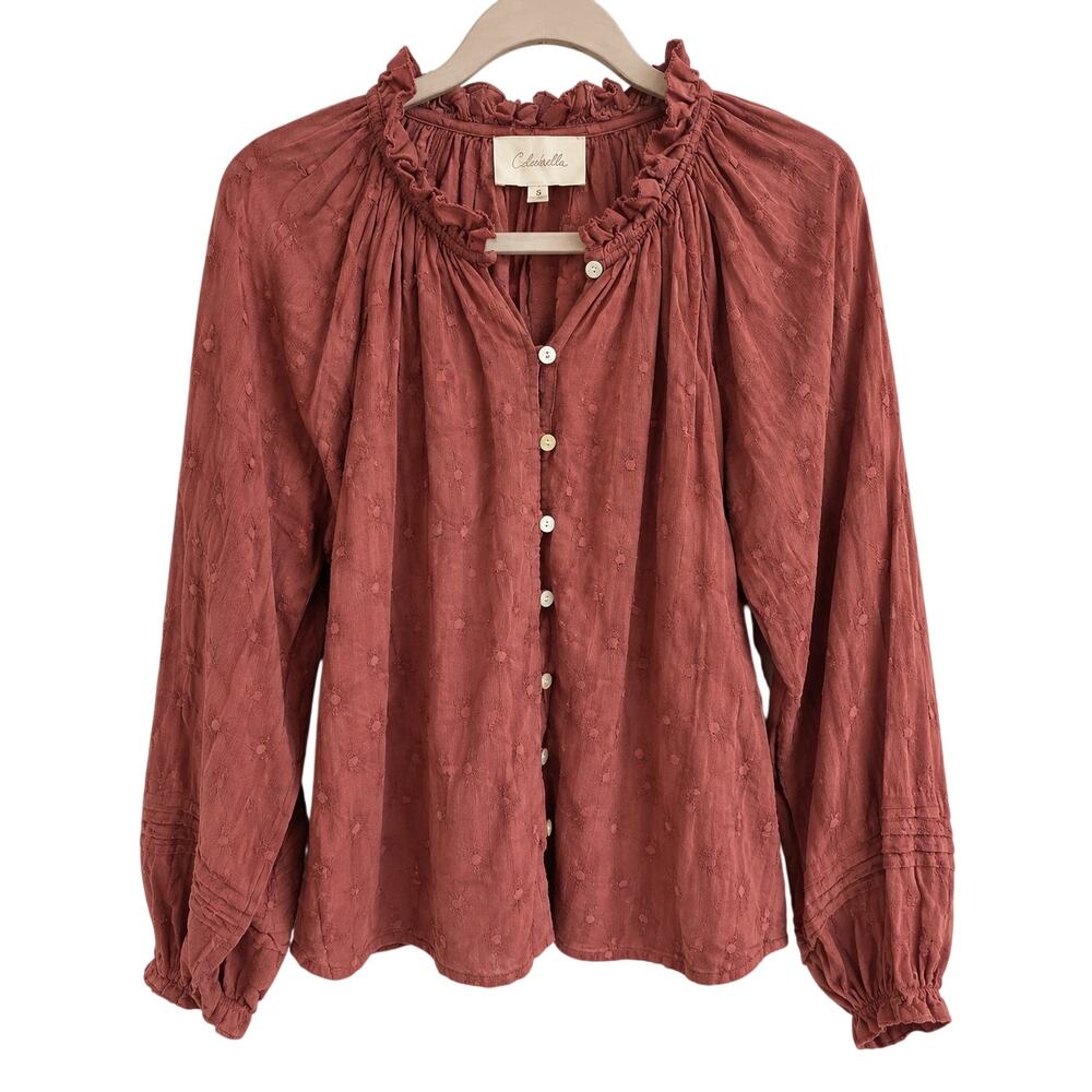 Cleobella Rust Eyelet Ruffle Collar Button-Front Blouse M - Picture 2 of 12